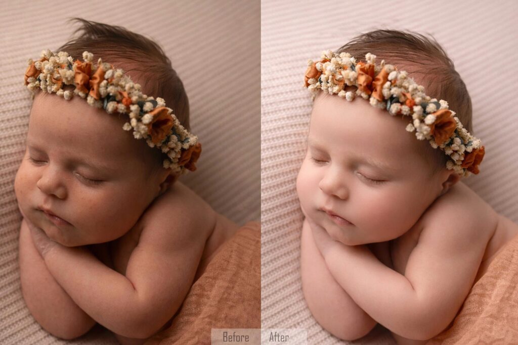 Baby with floral headband, peaceful expression